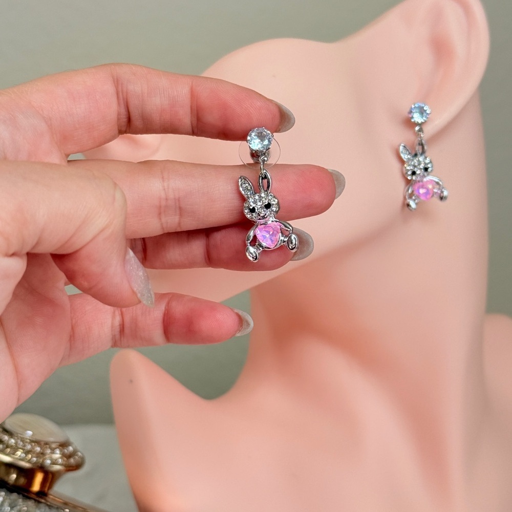 ⚜️ Silver and Pink Bunny Earrings - Picture 5 of 7